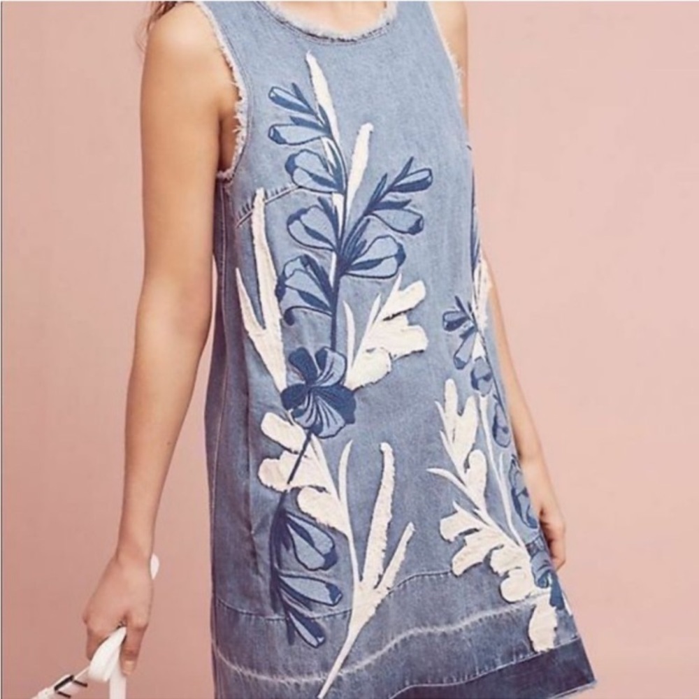 Anthropologie Dor Dor Couture Denim Dress Floral Applique Fray Sleeveless XLarge - Picture 5 of 16